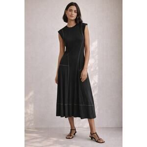 Tibi T-Shirt Sleeveless Midi Dress Crewneck Flared Hem Black 100% Cotton Size XL